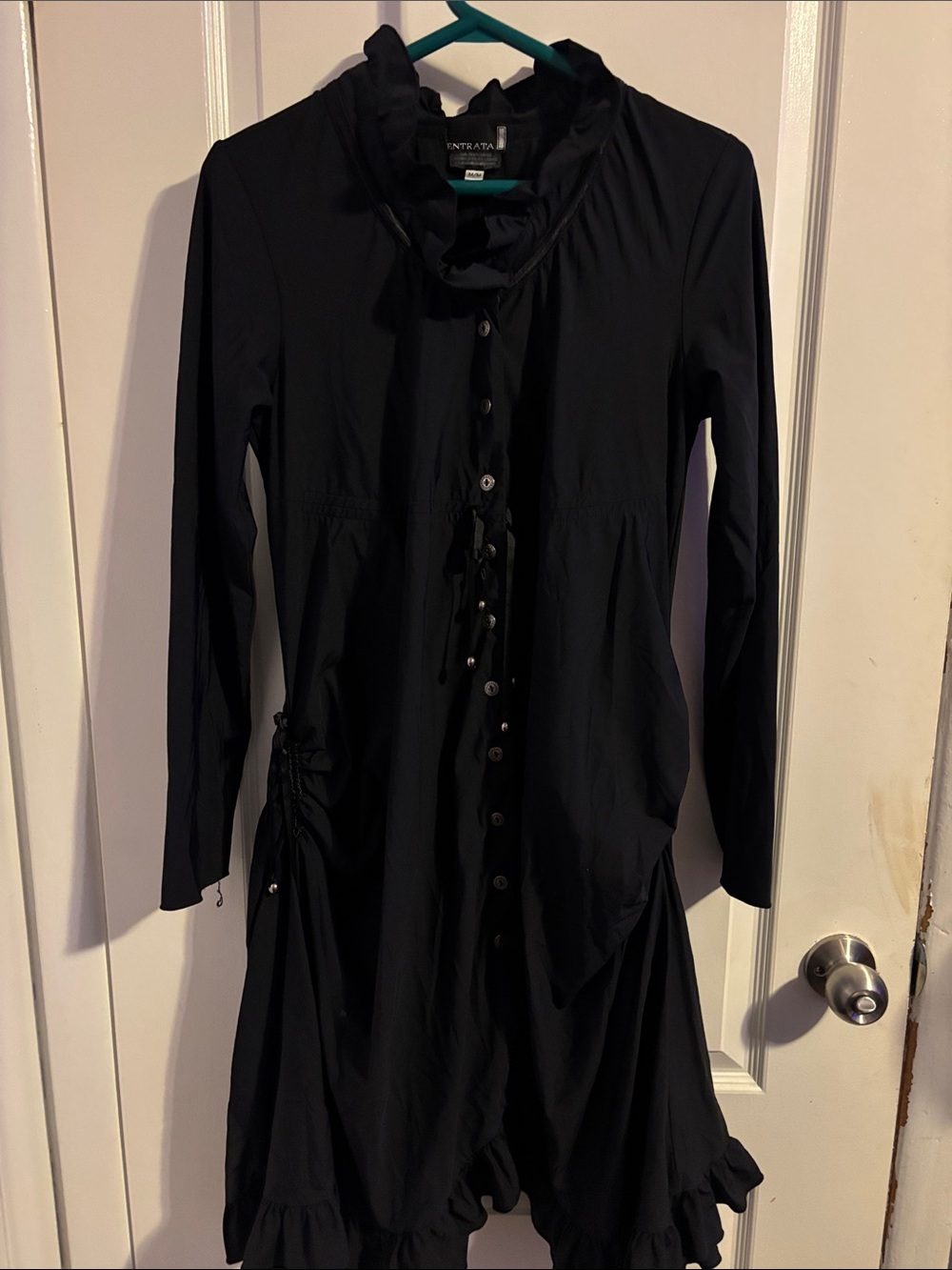 Vintage Black Ruffle-Detail Long Sleeve Button Dress